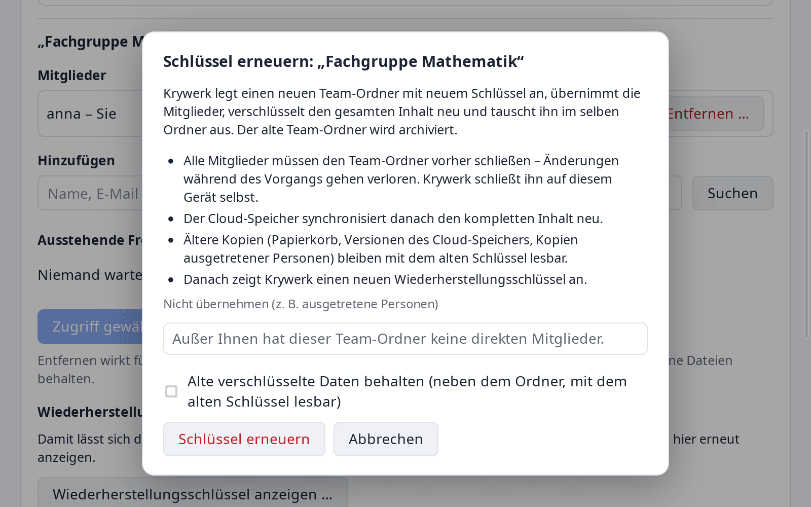 Schlüssel erneuern für einen Team-Ordner