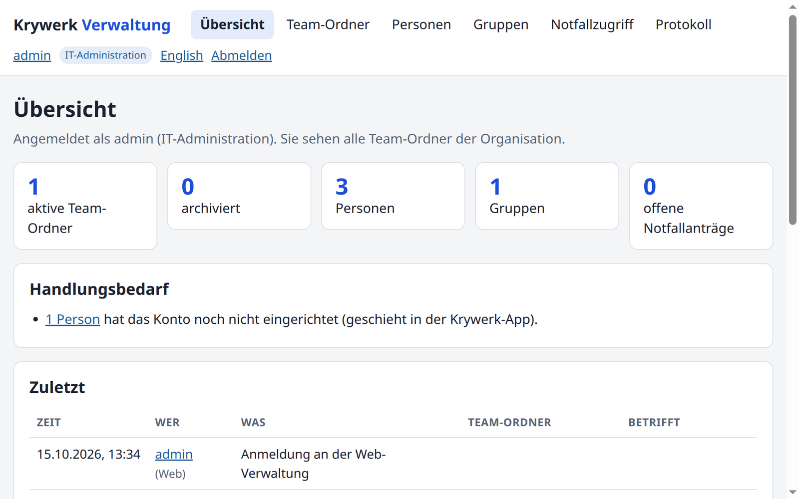 Übersicht der Web-Verwaltung von Krywerk Server