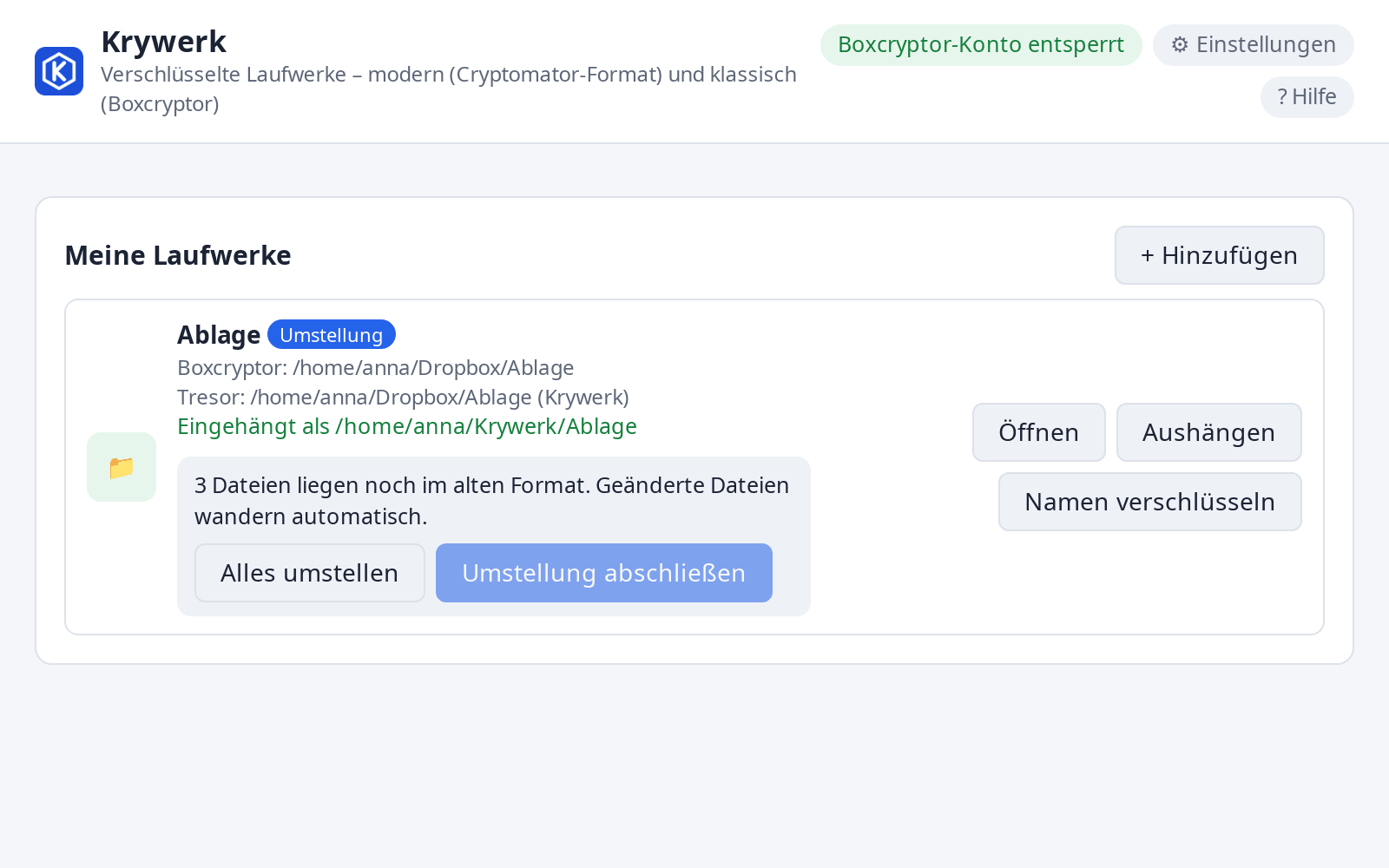 Umstellung eines Boxcryptor-Laufwerks auf das moderne Format