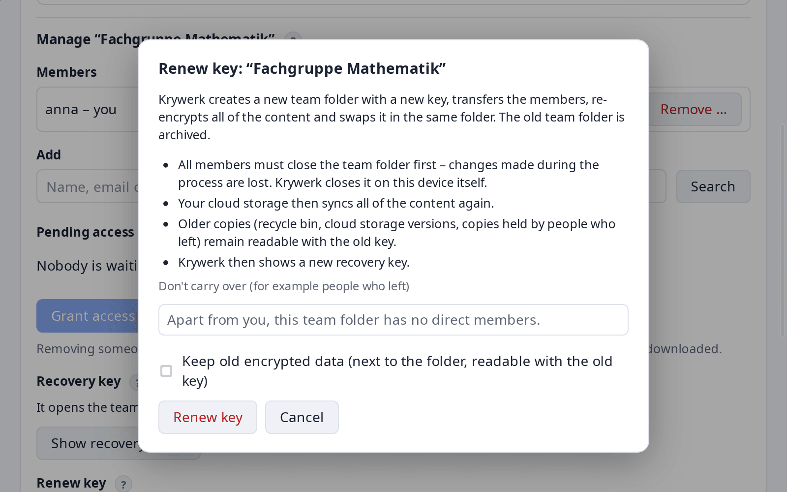 Renewing the key of a team folder